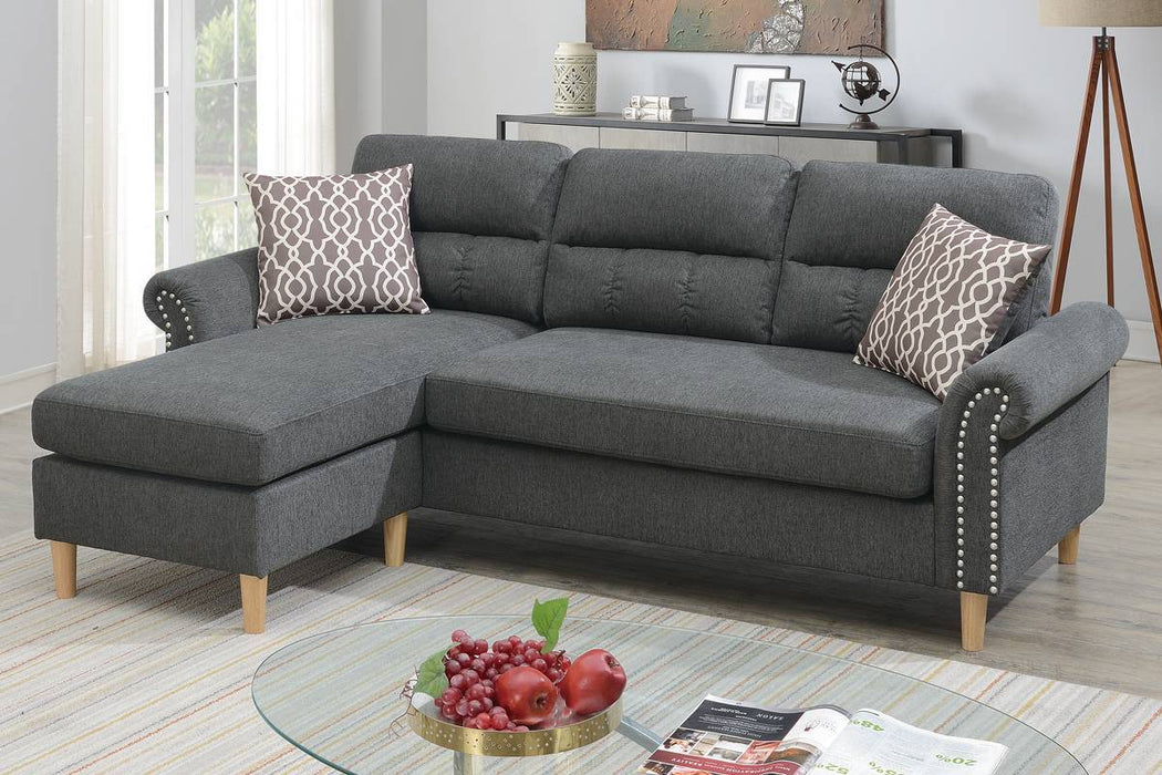 Slate Polyfiber Reversible Sectional Sofa Set with Chaise, Pillows, Plush Cushion, Couch Nailheads