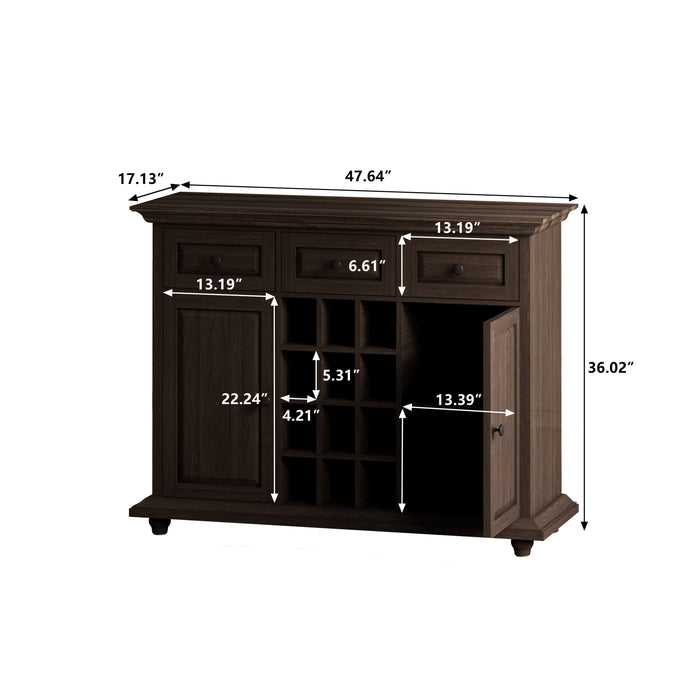 Vintage Style 3-Drawer 2-Door Storage Cabinet with 12-Grid Wine Rack, for Living Room, Kitchen, Dining Room