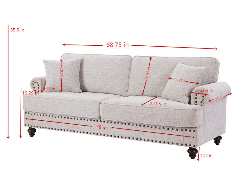 Modern Chenille Upholstered 2-Seater Sofa With Nails & Armrests, White