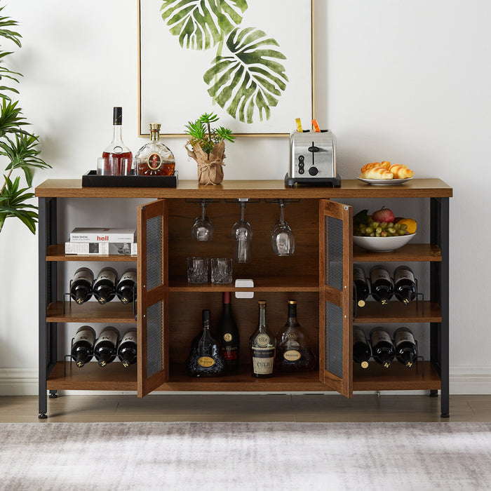 Industrial Wine Bar Cabinet, Liquor Storage Credenza, Sideboard with Wine Racks & Stemware Holder, Hazelnut Brown (55.12''W x 13.78''D x 30.31''H)