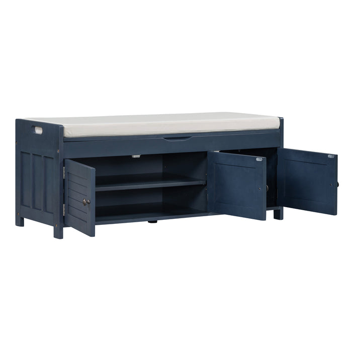 TREXM Storage Bench with 3 Shutter-shaped Doors, Shoe Bench with Removable Cushion and Hidden Storage Space (Antique Navy, OLD SKU: WF284226AAM)