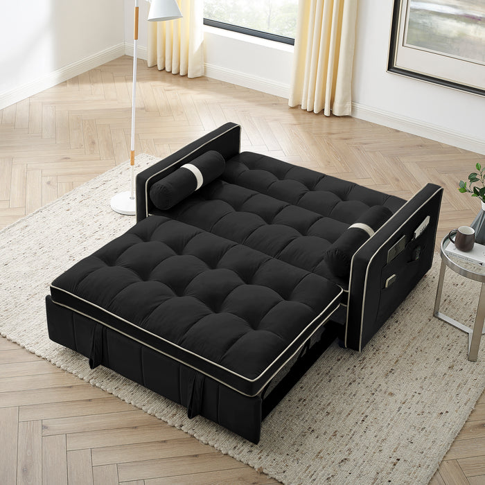 Modern 55.5" Pull Out Sleep Sofa Bed, 2-Seater Loveseat with Side Pockets, Adjustable Backrest, Lumbar Pillows - Ideal for Apartment, Office, Living Room, Black