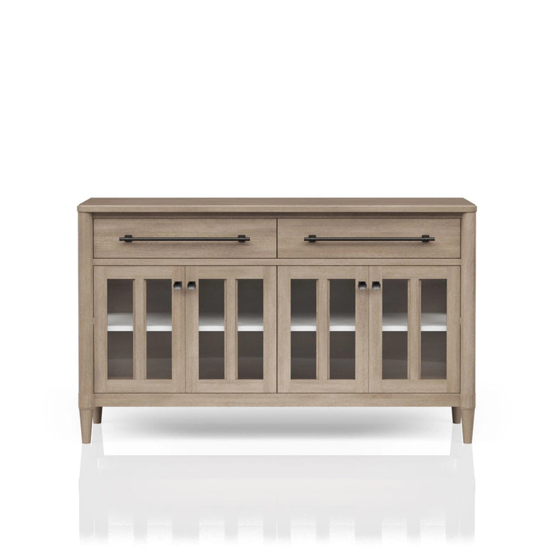 Elegant Buffet with Glass Cabinet Doors and Power Ready Feature in Sand Solid Wood and MDF, 60 inches Glass House Furnishings