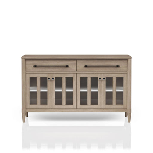 Elegant Buffet with Glass Cabinet Doors and Power Ready Feature in Sand Solid Wood and MDF, 60 inches Glass House Furnishings
