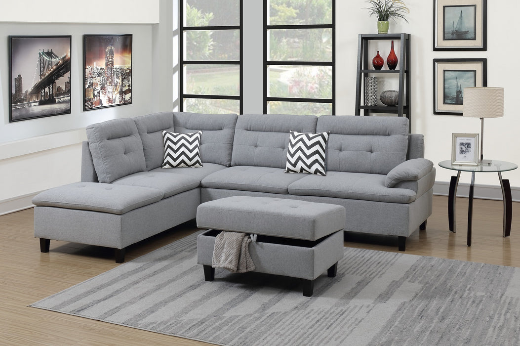 3-Piece Sectional Sofa with Ottoman, Linen-Like Fabric, Sofa Chaise - Living Room Furniture, Grey