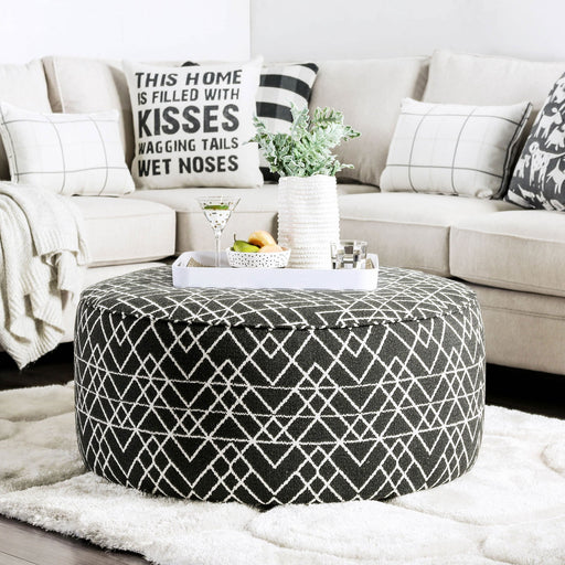 Ellis Round Black Patterned Upholstered Ottoman with Welt Trim Glass House Furnishings