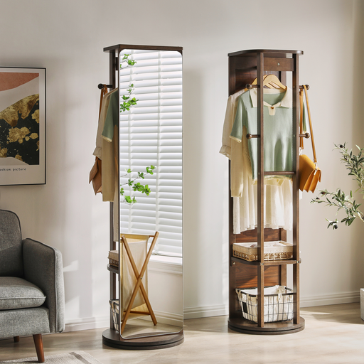 Monroe Rubberwood Rotating Full-Length Jewelry Mirror Cabinet | Glass House Furnishings