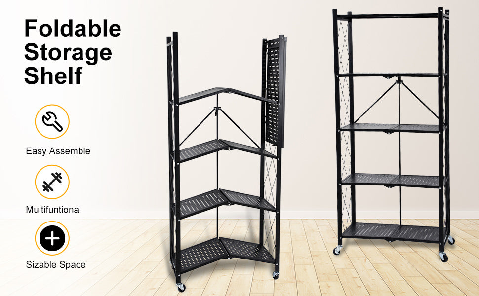 HealSmart 5-Tier Heavy Duty Foldable Metal Rack Storage Shelving Unit with Wheels Moving Easily Organizer Shelves Great for Garage Kitchen Holds up to 1250 lbs Capacity, Black