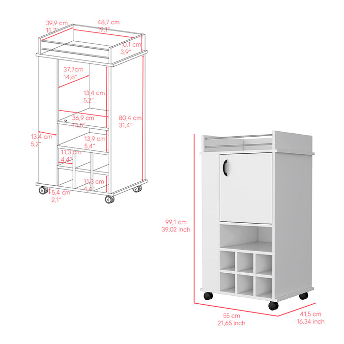 Bar Cart With Casters Reese, Six Wine Cubbies & Single Door, White