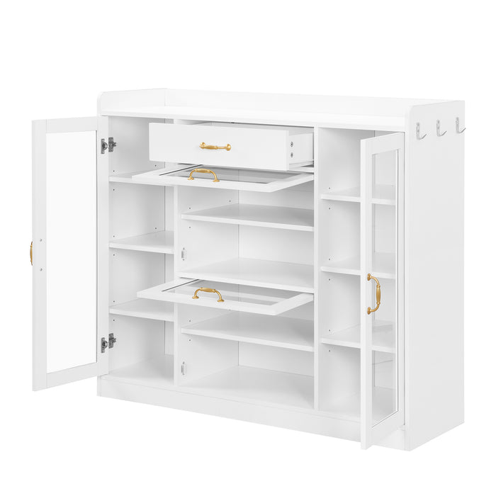 ON-TREND Modernist Side Cabinet with 4 Glass Doors & 3 Hooks, Freestanding Shoe Rack with Multiple Adjustable Shelves, Versatile Display Cabinet with Gold Handles for Hallway, Living Room, White