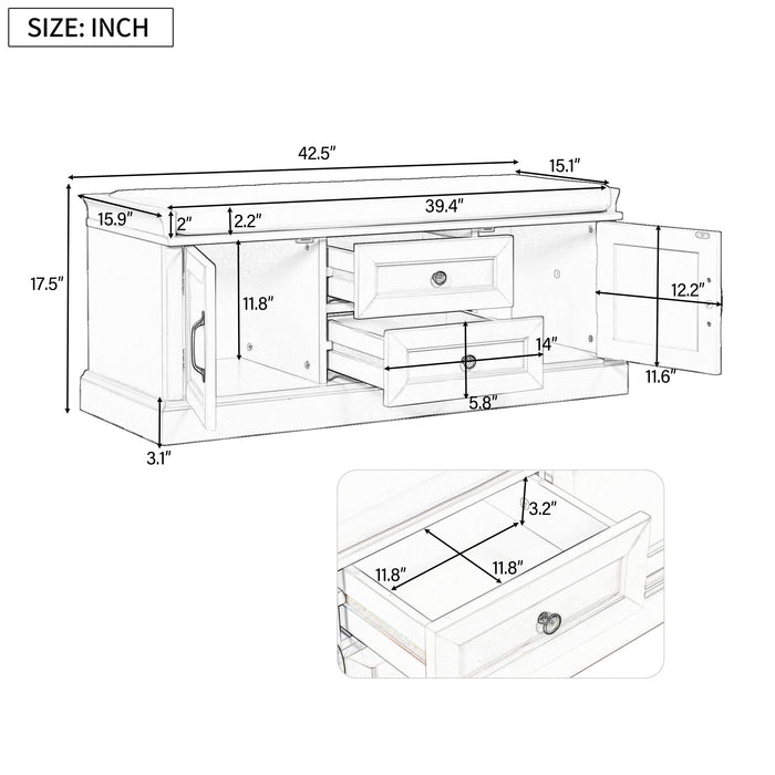 TREXM Storage Bench with 2 Drawers and 2 Cabinets, Shoe Bench with Removable Cushion for Living Room, Entryway (Gray Wash)