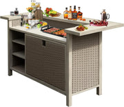 Patio Bar Table, Outdoor Aluminum PE Wicker Bar Cart with Cabinet, All Weather Use Storage Patio Cabinet for Patio Kitchen or Bar Cart, Wood Grain Glass House Furnishings
