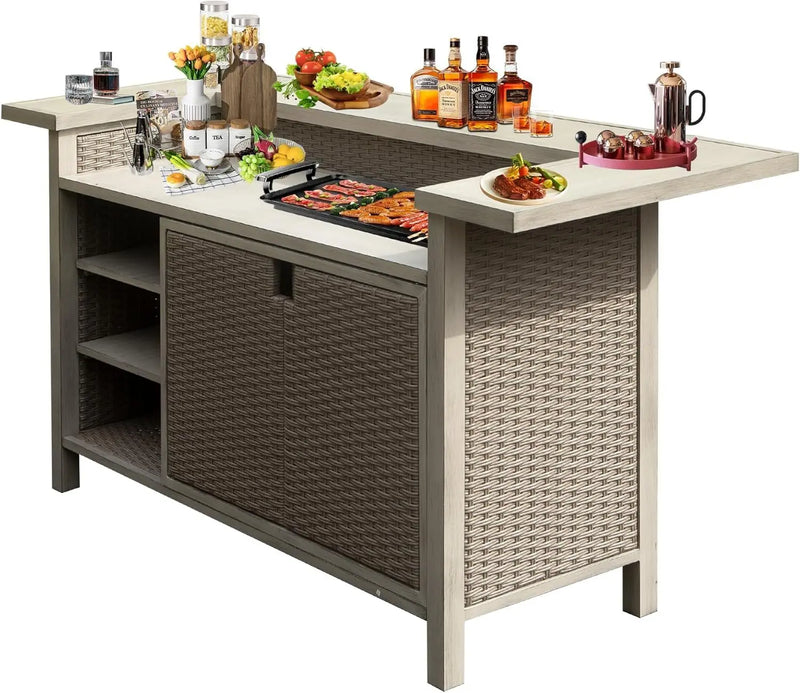 Patio Bar Table, Outdoor Aluminum PE Wicker Bar Cart with Cabinet, All Weather Use Storage Patio Cabinet for Patio Kitchen or Bar Cart, Wood Grain Glass House Furnishings