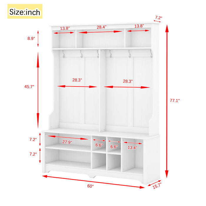 Modern Hallway Hall Tree with Metal Hooks and Storage Space, Multi-Functional Entryway Coat Rack with Shoe Cubbies, White (Pre-sale date: December 18th)