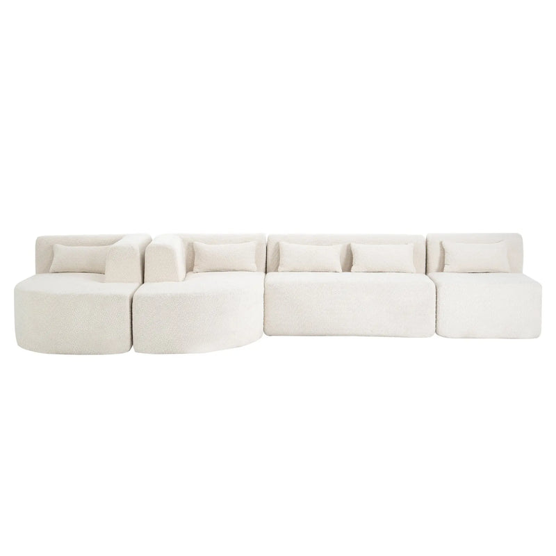 Modern Upholstered L-Shape Sofa with Chaise Lounge and Back Pillows, Beige Boucle Fabric, 144 inches Glass House Furnishings