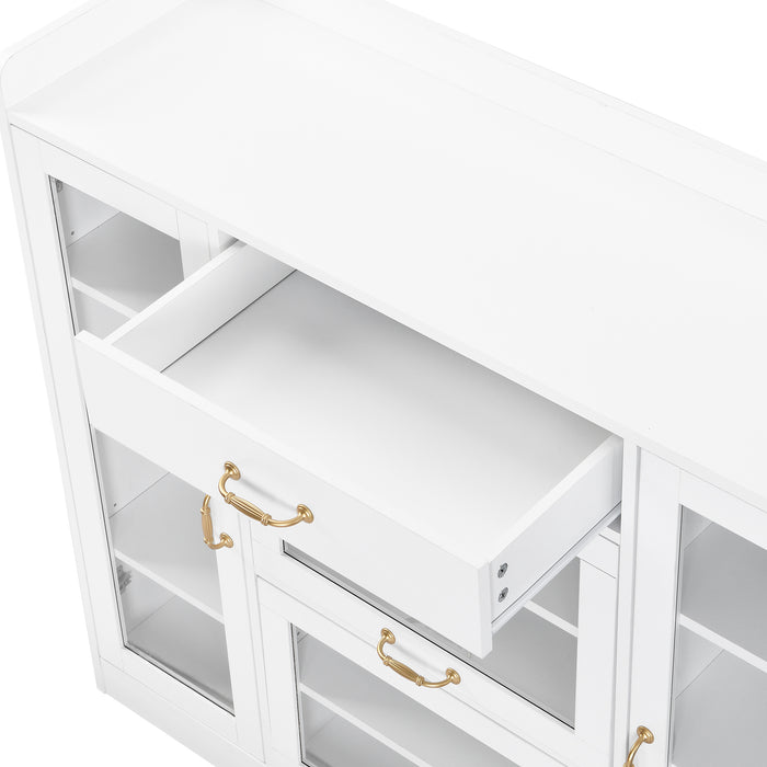 ON-TREND Modernist Side Cabinet with 4 Glass Doors & 3 Hooks, Freestanding Shoe Rack with Multiple Adjustable Shelves, Versatile Display Cabinet with Gold Handles for Hallway, Living Room, White