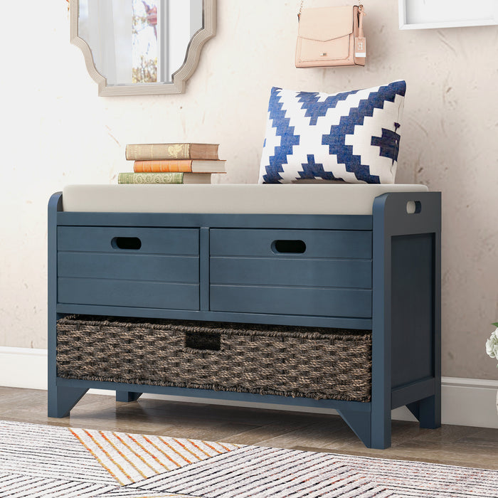 TREXM  Storage Bench with Removable Basket and 2 Drawers, Fully Assembled Shoe Bench with Removable Cushion (Navy)