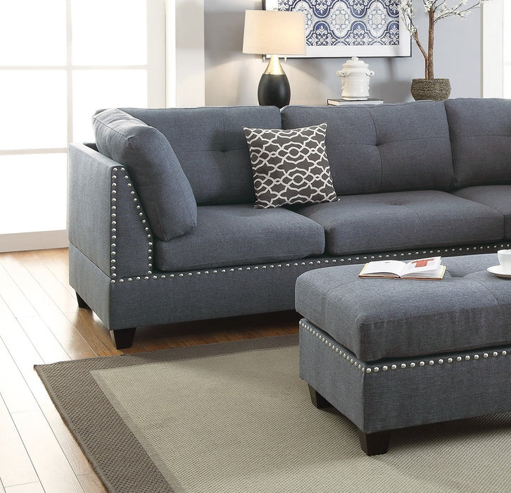 3-Pc Sectional Sofa with Blue Grey Polyfiber Chaise Ottoman & Pillows