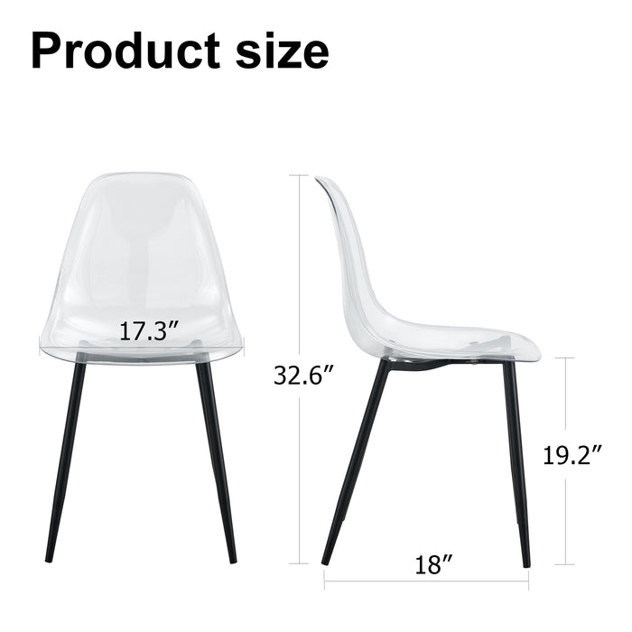 Table and chair set, transparent glass tabletop and black metal table legs, transparent plastic backrest cushion and black metal chair legs, one table with four chairs.DRT-1123  TW-1200