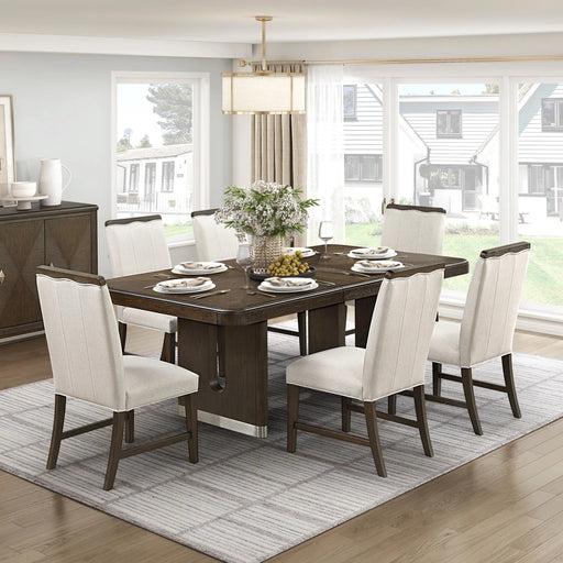 Modern Brown Finish Dining Set 7pcs Extendable Table with 6x Side Chairs Beige Upholstered Comfort Durable Metallic Accent Table Base Wooden Furniture Glass House Furnishings