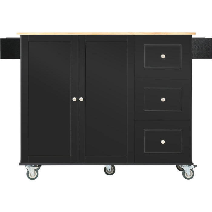 Rolling Mobile Kitchen Island with Solid Wood Top and Locking Wheels, with 52.7 Inch Width, Storage Cabinet, and Drop Leaf Breakfast Bar, including Spice Rack, Towel Rack & Drawer, Black