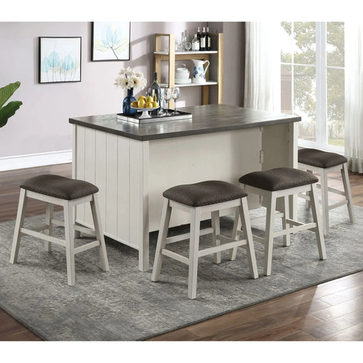 Transitional Style 5pc Counter Height Dining Set Off White Wooden Dining Table 4x Stools Storage Shelve Table Base Dining Room Glass House Furnishings