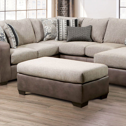 Ellis Two-Tone Brown Upholstered Ottoman with Tapered Legs Glass House Furnishings