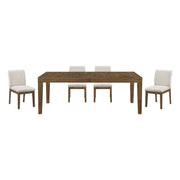 Brown Finish 5pc Dining Set Large Table and Upholstered Chairs Self-Storing Extension Leaf Sturdy Frame Wooden Furniture Glass House Furnishings