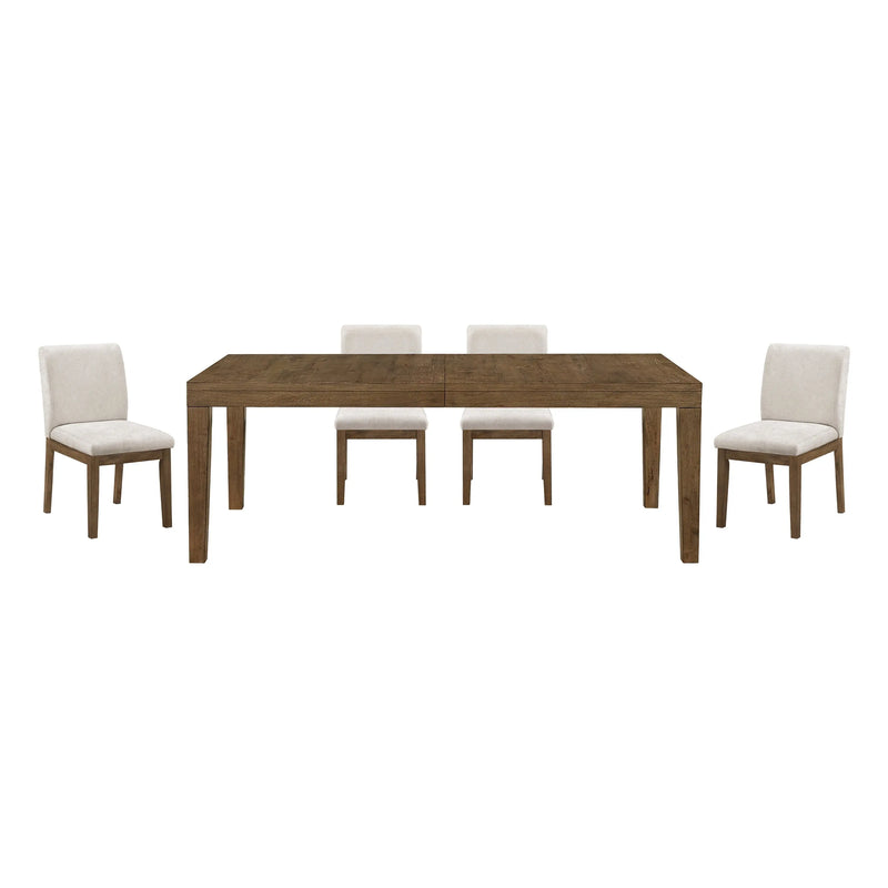 Brown Finish 5pc Dining Set Large Table and Upholstered Chairs Self-Storing Extension Leaf Sturdy Frame Wooden Furniture Glass House Furnishings