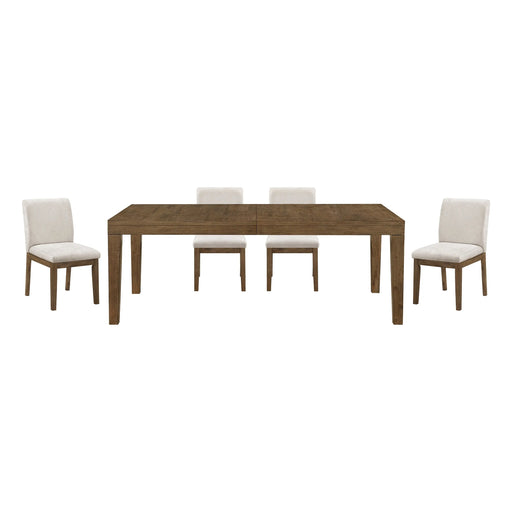 Brown Finish 5pc Dining Set Large Table and Upholstered Chairs Self-Storing Extension Leaf Sturdy Frame Wooden Furniture Glass House Furnishings