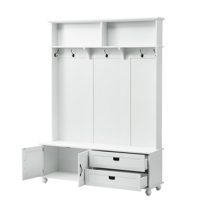 [VIDEO provided] ON-TREND Modern Style Hall Tree with Storage Cabinet and 2 Large Drawers, Widen Mudroom Bench with 5 Coat Hooks, White