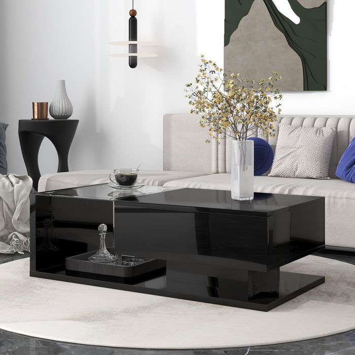 [VIDEO provided] ON-TREND Modern Coffee Table with Tempered Glass, Wooden Cocktail Table with High-gloss UV Surface, Modernist 2-Tier Rectangle Center Table for Living Room, Black