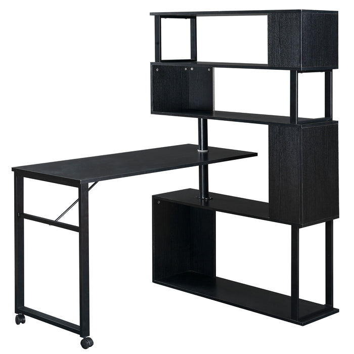 Home Office Computer Desk L-Shaped Corner Table, Rotating Computer Table with 5-Tier Bookshelf, 4 Installation Methods, Lockable Casters, Black