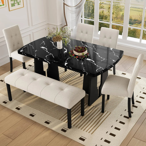 6 Piece Modern Dining Table Set, 63' Faux Marble Dining Table with Geometric Legs & 4 Upholstered Chairs & 1 Bench, Suitable for Dining Kitchen Room,Easy to Assemble, Beige+Black Glass House Furnishings