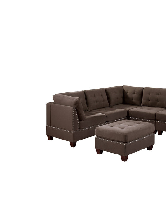 Contemporary Modular Sectional 8pc Set Living Room Furniture Corner L-Sectional Black Coffee Linen Like Fabric Tufted Nail heads 3x Corner Wedge 3x Armless Chair and 2x Ottoman