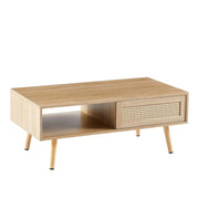 41.34' Rattan Coffee Table, Sliding Door for Storage, Solid Wood Legs, Modern Table for Living Room-Natural Glass House Furnishings