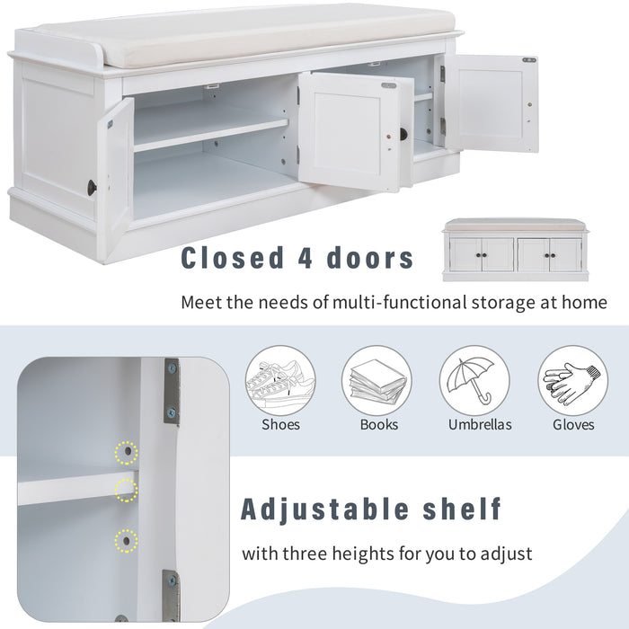 TREXM Storage Bench with 4 Doors and Adjustable Shelves, Shoe Bench with Removable Cushion for Living Room, Entryway (White)