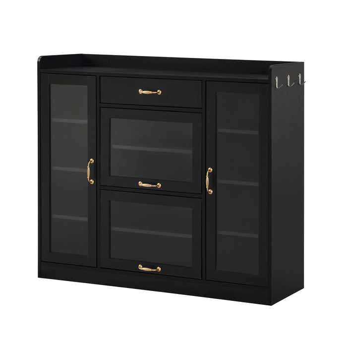 ON-TREND Modernist Side Cabinet with 4 Glass Doors & 3 Hooks, Freestanding Shoe Rack with Multiple Adjustable Shelves, Versatile Display Cabinet with Gold Handles for Hallway, Living Room, Black