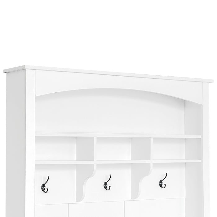 ON-TREND 47.2'' Wide Hall Tree with Bench and Shoe Storage, Multi-functional Storage Bench with 3 Hanging Hooks & Open Storage Space, Rectangle Storage & Shelves Coat Rack for Hallway, White