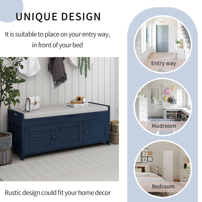 TREXM Storage Bench with 3 Shutter-shaped Doors, Shoe Bench with Removable Cushion and Hidden Storage Space (Antique Navy, OLD SKU: WF284226AAM)