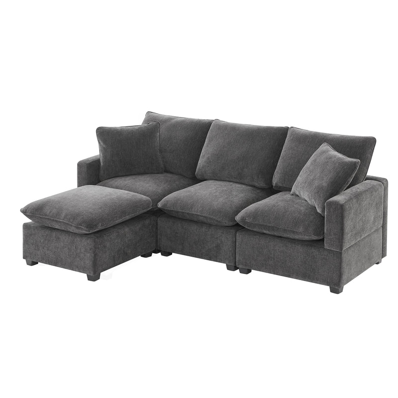 Modern Modular Sofa, 4 Seat Chenille Sectional Couch Set with 2 Pillows, Freely Combinable Indoor Furniture, Black and Grey