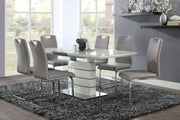 Modern Sleek Design 7pc Dining Set Table with Self-Storing Leaf and 6x Side Chairs Metal Frame Contemporary Dining Room Furniture Glass House Furnishings