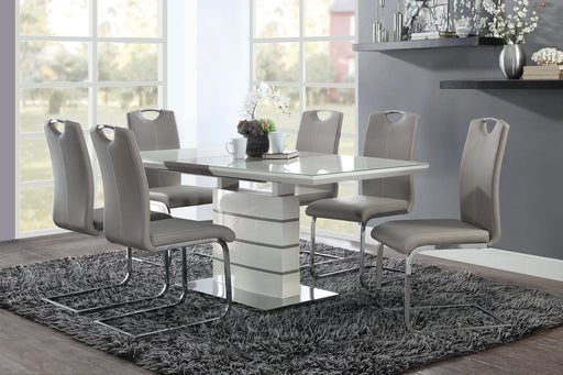 Modern Sleek Design 7pc Dining Set Table with Self-Storing Leaf and 6x Side Chairs Metal Frame Contemporary Dining Room Furniture Glass House Furnishings