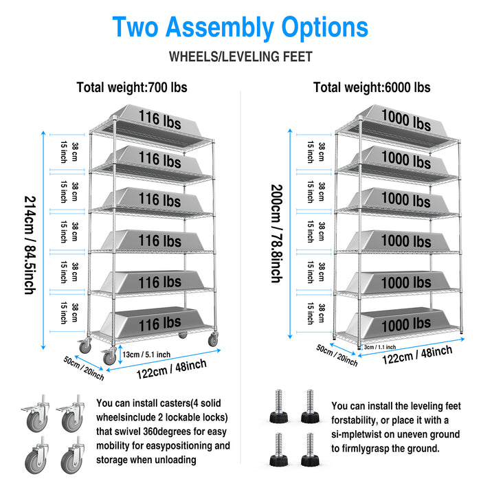 6 Tier Wire Shelving Unit, 6000 LBS NSF Height Adjustable Metal Garage Storage Shelves with Wheels, Heavy Duty Storage Wire Rack Metal Shelves - Chrome - 204882