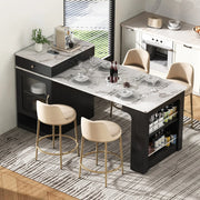 K&K 59.5' Kitchen Island with Extendable Dining Table, Kitchen Storage Table with Double-sided Storage, Kitchen Island with 2 Drawers, Power Outlet, Side Open Shelves, for Kitchen, Dining Room, Black Glass House Furnishings