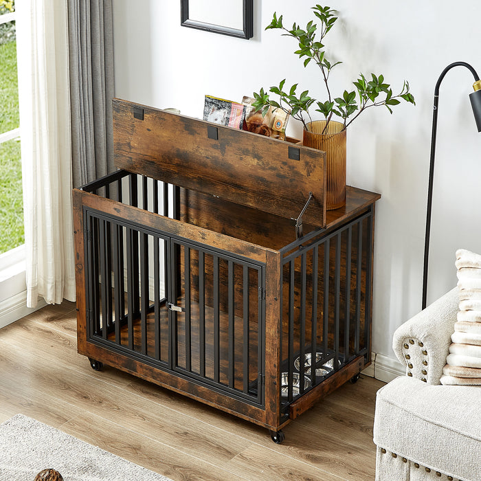 Furniture Style Dog Crate Side Table With Feeding Bowl, Wheels, Three Doors, Flip-Up Top Opening. Indoor, Rustic Brown, 38.58"W x 25.2"D x 27.17"H