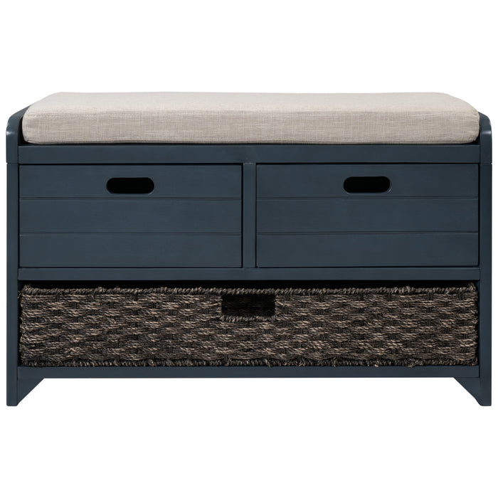 TREXM  Storage Bench with Removable Basket and 2 Drawers, Fully Assembled Shoe Bench with Removable Cushion (Navy)