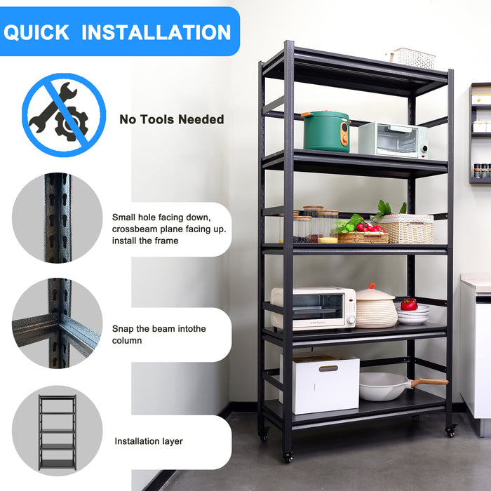 72"H Heavy Duty Storage Shelves Adjustable 5-Tier Metal Shelving Unit with Wheels for 1750LBS Load  Kitchen, Garage, Pantry, and More