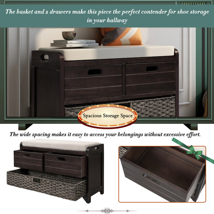 TREXM  Storage Bench with Removable Basket and 2 Drawers, Fully Assembled Shoe Bench with Removable Cushion (Espresso)