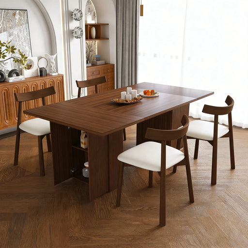[W2700S00110] 78 Inch Long Dining Table Set for 4 in Natural Wood Veneer, Rectangular MDF Kitchen Table with Storage Base & 4 PU Cushioned Chairs, Modern Rustic Dining Set for Kitchen and Dining Room Glass House Furnishings